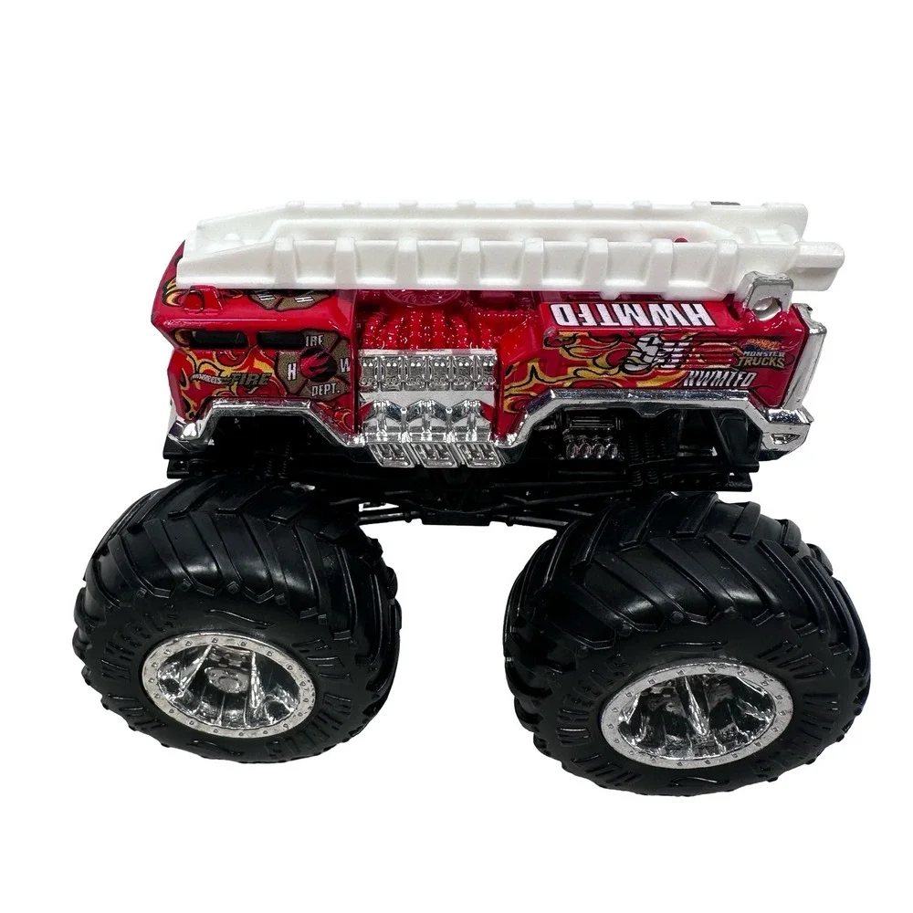 Hot‎ Wheels Monster Trucks 5 Alarm Fire Truck 68 Red Chrome Flames Silver Wheels